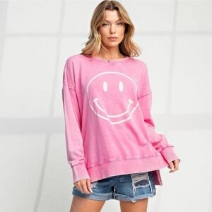 🙂💗NWT/NIP Easel "Mineral Wash Smiley Face Crewneck" Bubblegum Pink Sz 1XL💗🙂
